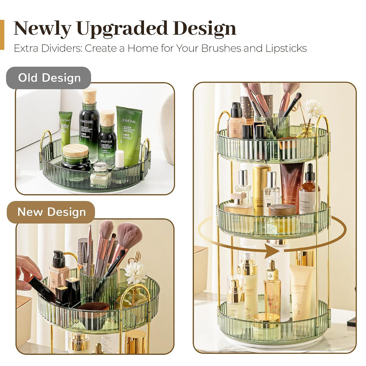 3-Tier 360° Rotating Makeup Organizer, Clear Spinning Perfume Cosmetic Storage for Vanity Countertop, Sturdy Metal Pole Skincare Holder Stand for Bathroom Dresser, White