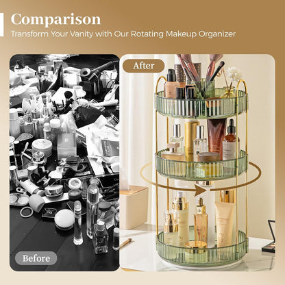 3-Tier 360° Rotating Makeup Organizer, Clear Spinning Perfume Cosmetic Storage for Vanity Countertop, Sturdy Metal Pole Skincare Holder Stand for Bathroom Dresser, White