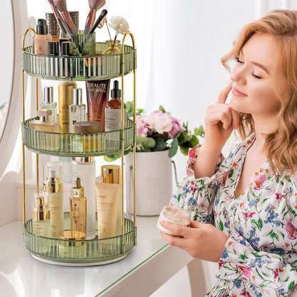 3-Tier 360° Rotating Makeup Organizer, Clear Spinning Perfume Cosmetic Storage for Vanity Countertop, Sturdy Metal Pole Skincare Holder Stand for Bathroom Dresser, White