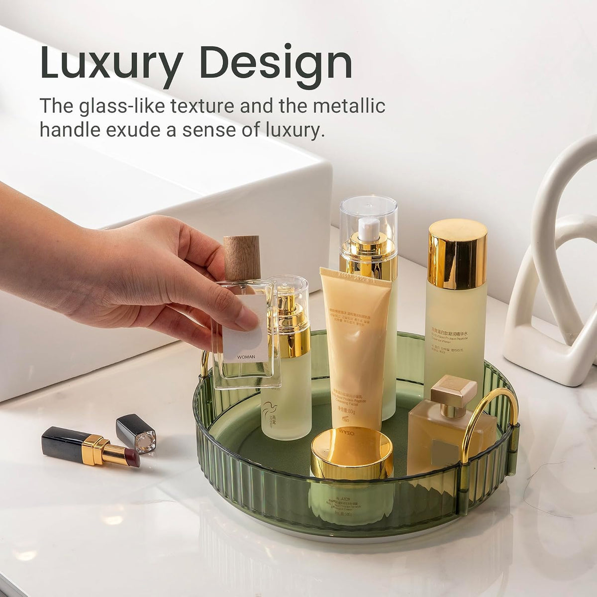 3-Tier 360° Rotating Makeup Organizer, Clear Spinning Perfume Cosmetic Storage for Vanity Countertop, Sturdy Metal Pole Skincare Holder Stand for Bathroom Dresser, White