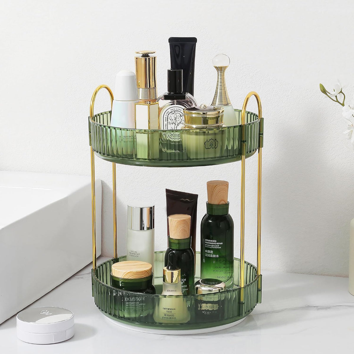 3-Tier 360° Rotating Makeup Organizer, Clear Spinning Perfume Cosmetic Storage for Vanity Countertop, Sturdy Metal Pole Skincare Holder Stand for Bathroom Dresser, White
