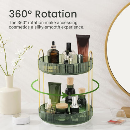 3-Tier 360° Rotating Makeup Organizer, Clear Spinning Perfume Cosmetic Storage for Vanity Countertop, Sturdy Metal Pole Skincare Holder Stand for Bathroom Dresser, White