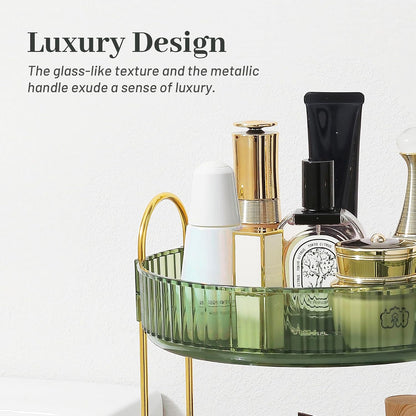3-Tier 360° Rotating Makeup Organizer, Clear Spinning Perfume Cosmetic Storage for Vanity Countertop, Sturdy Metal Pole Skincare Holder Stand for Bathroom Dresser, White