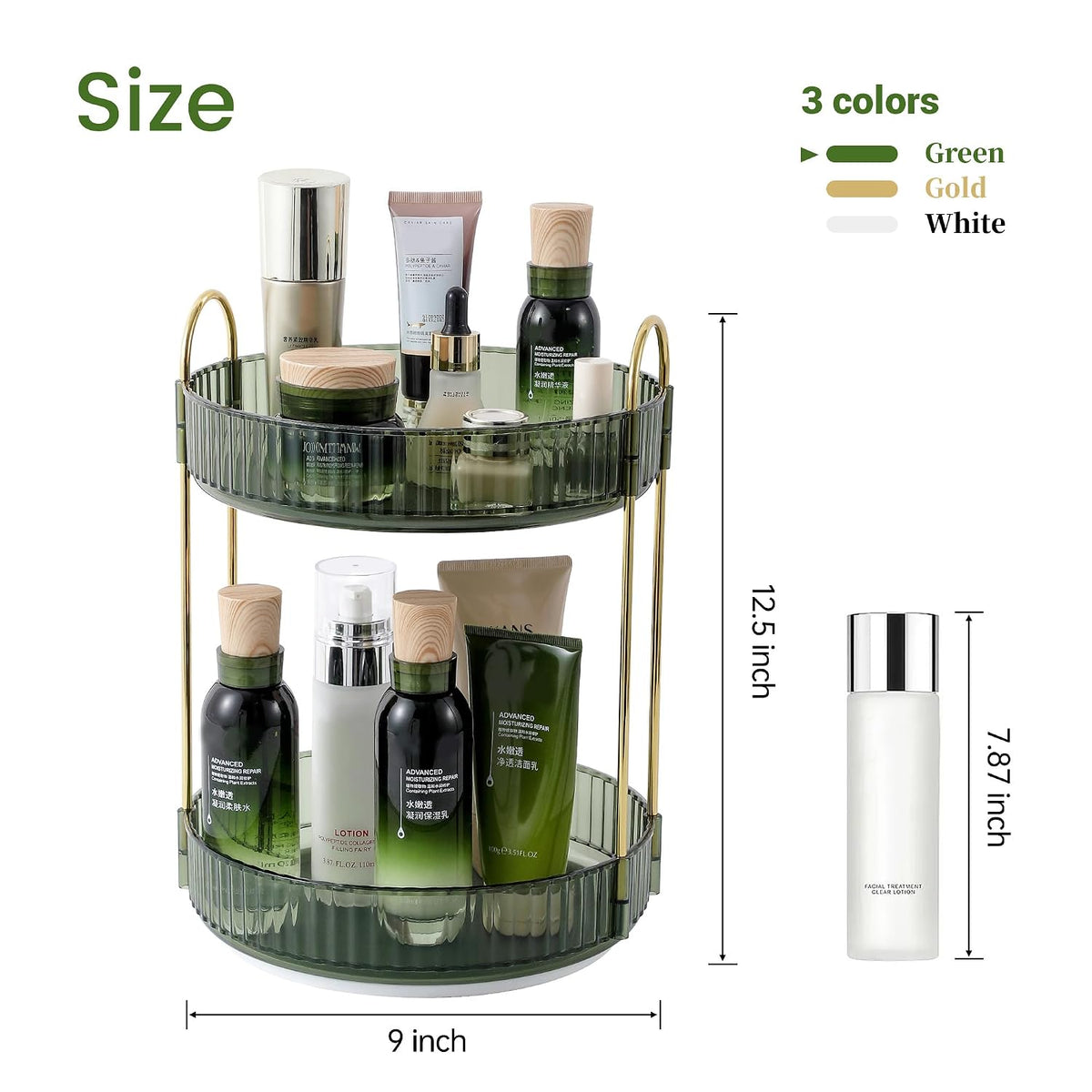 3-Tier 360° Rotating Makeup Organizer, Clear Spinning Perfume Cosmetic Storage for Vanity Countertop, Sturdy Metal Pole Skincare Holder Stand for Bathroom Dresser, White