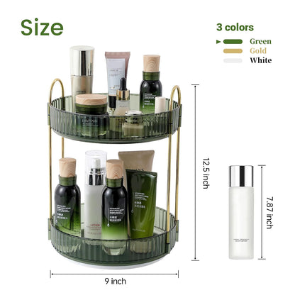 3-Tier 360° Rotating Makeup Organizer, Clear Spinning Perfume Cosmetic Storage for Vanity Countertop, Sturdy Metal Pole Skincare Holder Stand for Bathroom Dresser, White