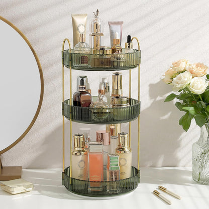 3-Tier 360° Rotating Makeup Organizer, Clear Spinning Perfume Cosmetic Storage for Vanity Countertop, Sturdy Metal Pole Skincare Holder Stand for Bathroom Dresser, White