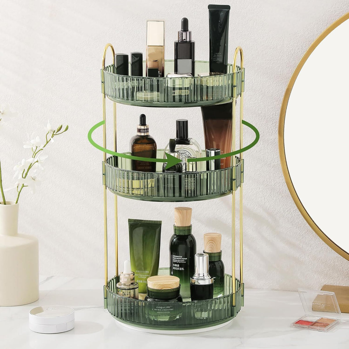 3-Tier 360° Rotating Makeup Organizer, Clear Spinning Perfume Cosmetic Storage for Vanity Countertop, Sturdy Metal Pole Skincare Holder Stand for Bathroom Dresser, White