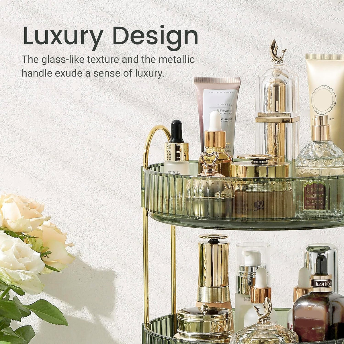 3-Tier 360° Rotating Makeup Organizer, Clear Spinning Perfume Cosmetic Storage for Vanity Countertop, Sturdy Metal Pole Skincare Holder Stand for Bathroom Dresser, White