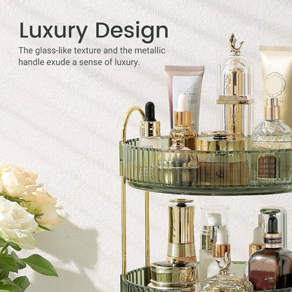 3-Tier 360° Rotating Makeup Organizer, Clear Spinning Perfume Cosmetic Storage for Vanity Countertop, Sturdy Metal Pole Skincare Holder Stand for Bathroom Dresser, White