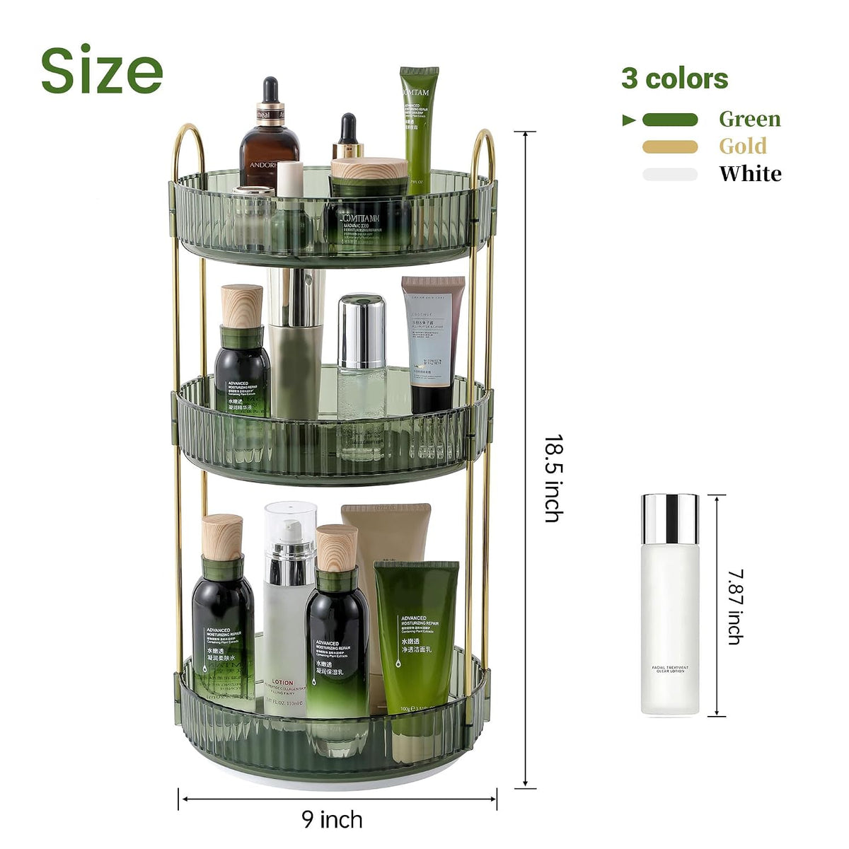 3-Tier 360° Rotating Makeup Organizer, Clear Spinning Perfume Cosmetic Storage for Vanity Countertop, Sturdy Metal Pole Skincare Holder Stand for Bathroom Dresser, White