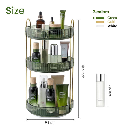 3-Tier 360° Rotating Makeup Organizer, Clear Spinning Perfume Cosmetic Storage for Vanity Countertop, Sturdy Metal Pole Skincare Holder Stand for Bathroom Dresser, White
