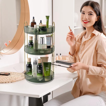 3-Tier 360° Rotating Makeup Organizer, Clear Spinning Perfume Cosmetic Storage for Vanity Countertop, Sturdy Metal Pole Skincare Holder Stand for Bathroom Dresser, White