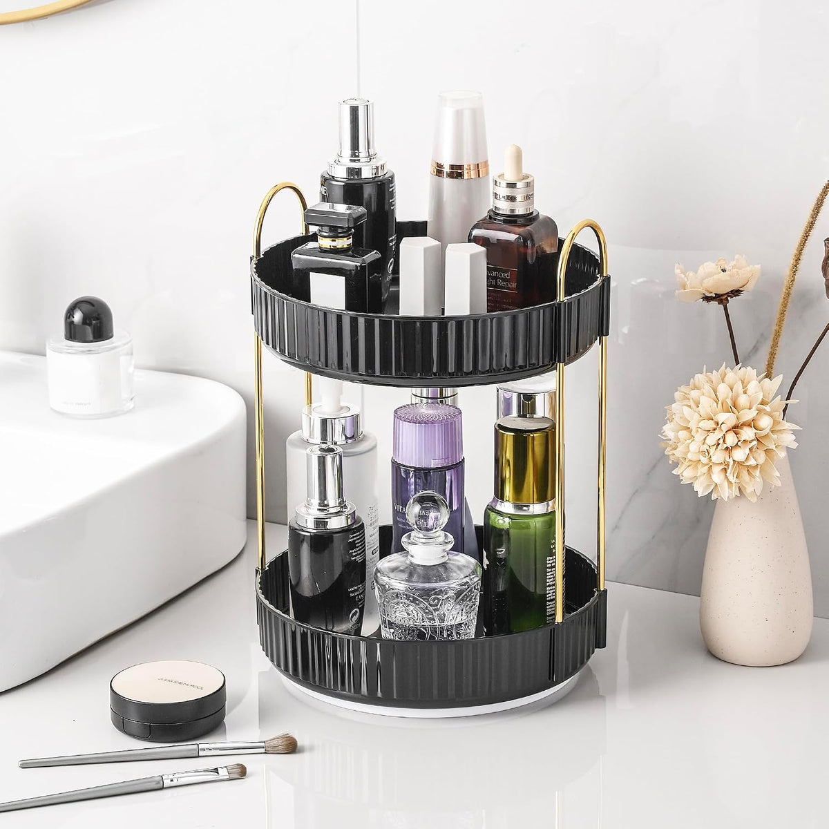 3-Tier 360° Rotating Makeup Organizer, Clear Spinning Perfume Cosmetic Storage for Vanity Countertop, Sturdy Metal Pole Skincare Holder Stand for Bathroom Dresser, White