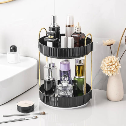 3-Tier 360° Rotating Makeup Organizer, Clear Spinning Perfume Cosmetic Storage for Vanity Countertop, Sturdy Metal Pole Skincare Holder Stand for Bathroom Dresser, White