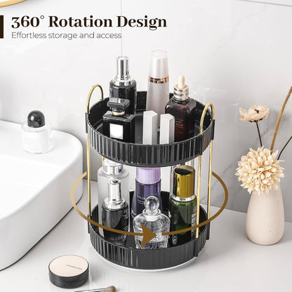 3-Tier 360° Rotating Makeup Organizer, Clear Spinning Perfume Cosmetic Storage for Vanity Countertop, Sturdy Metal Pole Skincare Holder Stand for Bathroom Dresser, White