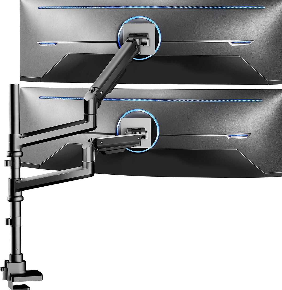 Pneumatic Arm Dual Ultrawide Monitor Extra Tall Desk Mount for Up to 49 inch Screens, Heavy Duty Clamp, Holds 2 Ultra Wides Up to 44 lbs, Black, STAND-V120K