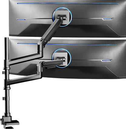 Pneumatic Arm Dual Ultrawide Monitor Extra Tall Desk Mount for Up to 49 inch Screens, Heavy Duty Clamp, Holds 2 Ultra Wides Up to 44 lbs, Black, STAND-V120K