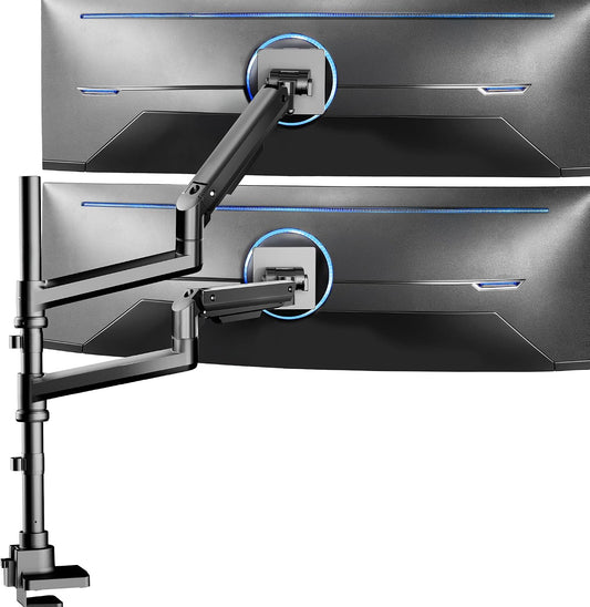 Pneumatic Arm Dual Ultrawide Monitor Extra Tall Desk Mount for Up to 49 inch Screens, Heavy Duty Clamp, Holds 2 Ultra Wides Up to 44 lbs, Black, STAND-V120K