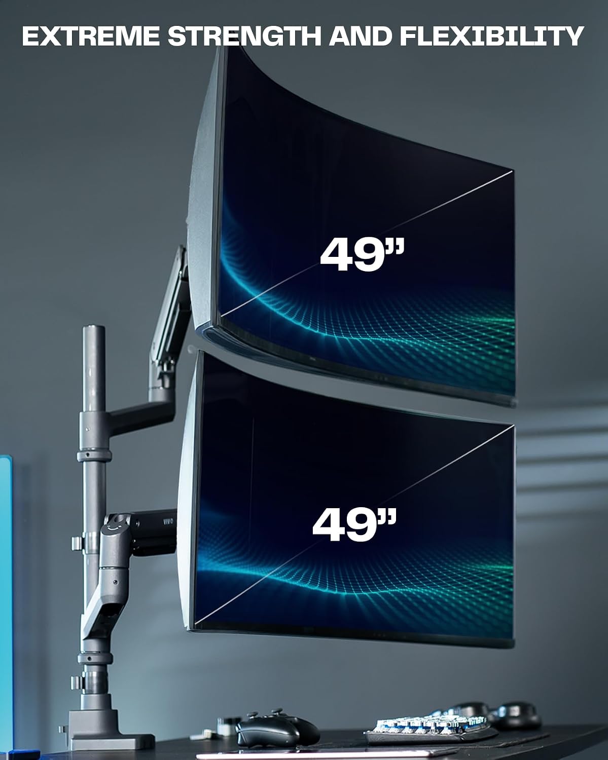 Pneumatic Arm Dual Ultrawide Monitor Extra Tall Desk Mount for Up to 49 inch Screens, Heavy Duty Clamp, Holds 2 Ultra Wides Up to 44 lbs, Black, STAND-V120K