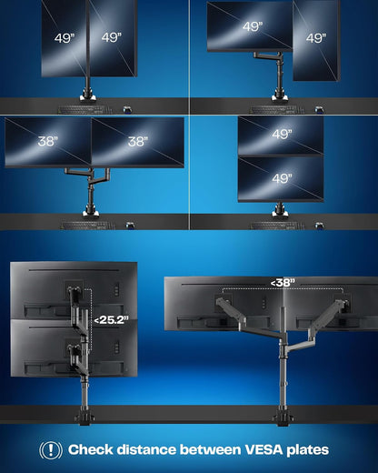 Pneumatic Arm Dual Ultrawide Monitor Extra Tall Desk Mount for Up to 49 inch Screens, Heavy Duty Clamp, Holds 2 Ultra Wides Up to 44 lbs, Black, STAND-V120K