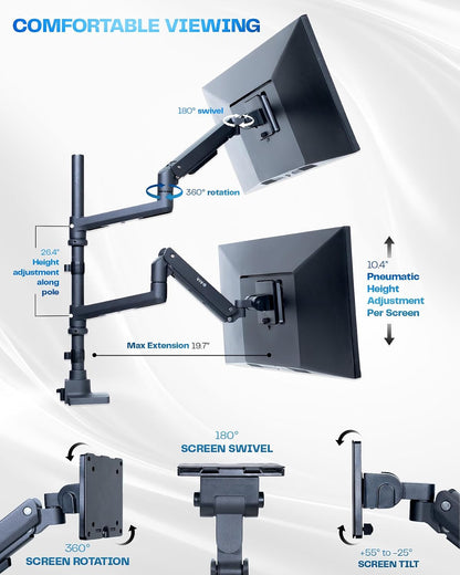 Pneumatic Arm Dual Ultrawide Monitor Extra Tall Desk Mount for Up to 49 inch Screens, Heavy Duty Clamp, Holds 2 Ultra Wides Up to 44 lbs, Black, STAND-V120K