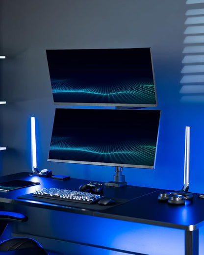 Pneumatic Arm Dual Ultrawide Monitor Extra Tall Desk Mount for Up to 49 inch Screens, Heavy Duty Clamp, Holds 2 Ultra Wides Up to 44 lbs, Black, STAND-V120K