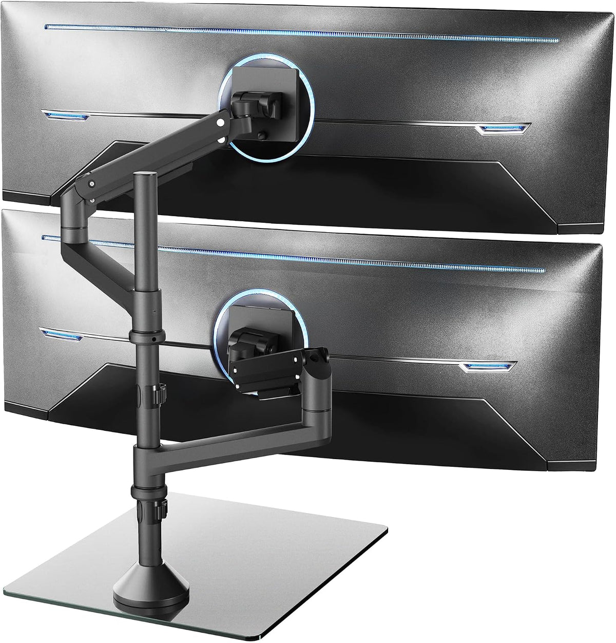 Pneumatic Arm Dual Ultrawide Monitor Extra Tall Desk Mount for Up to 49 inch Screens, Heavy Duty Clamp, Holds 2 Ultra Wides Up to 44 lbs, Black, STAND-V120K