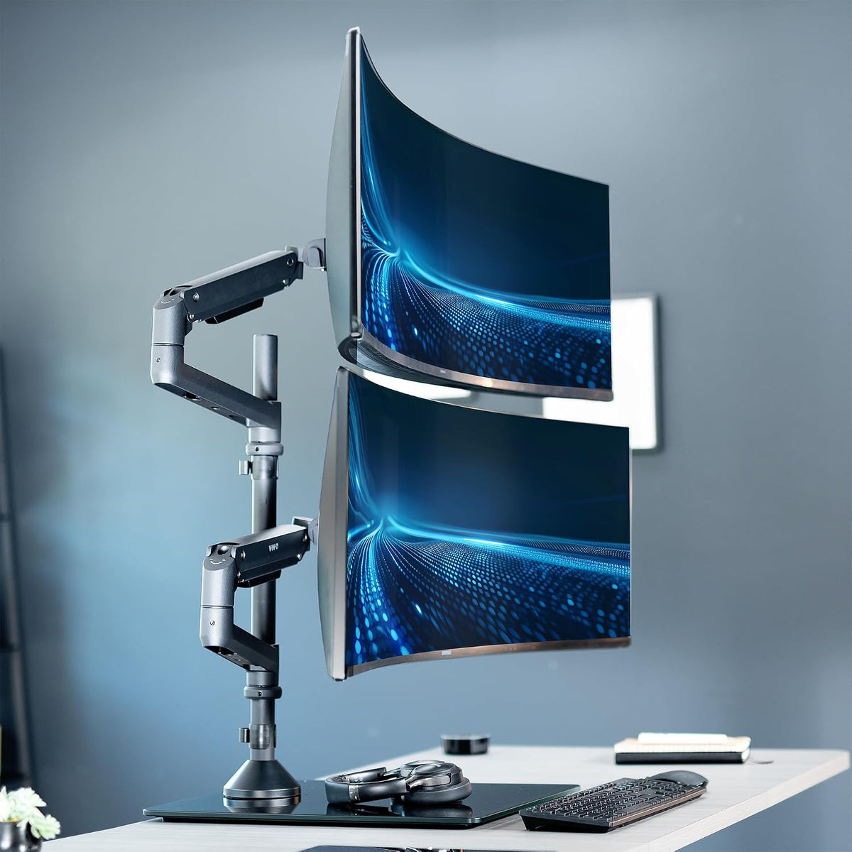 Pneumatic Arm Dual Ultrawide Monitor Extra Tall Desk Mount for Up to 49 inch Screens, Heavy Duty Clamp, Holds 2 Ultra Wides Up to 44 lbs, Black, STAND-V120K