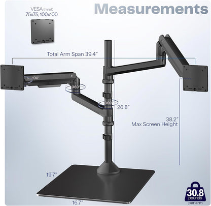 Pneumatic Arm Dual Ultrawide Monitor Extra Tall Desk Mount for Up to 49 inch Screens, Heavy Duty Clamp, Holds 2 Ultra Wides Up to 44 lbs, Black, STAND-V120K