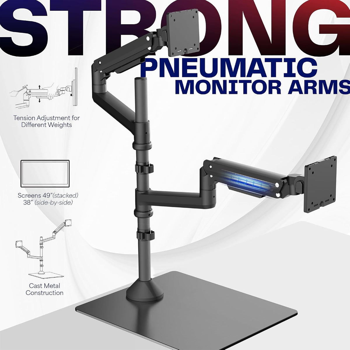Pneumatic Arm Dual Ultrawide Monitor Extra Tall Desk Mount for Up to 49 inch Screens, Heavy Duty Clamp, Holds 2 Ultra Wides Up to 44 lbs, Black, STAND-V120K