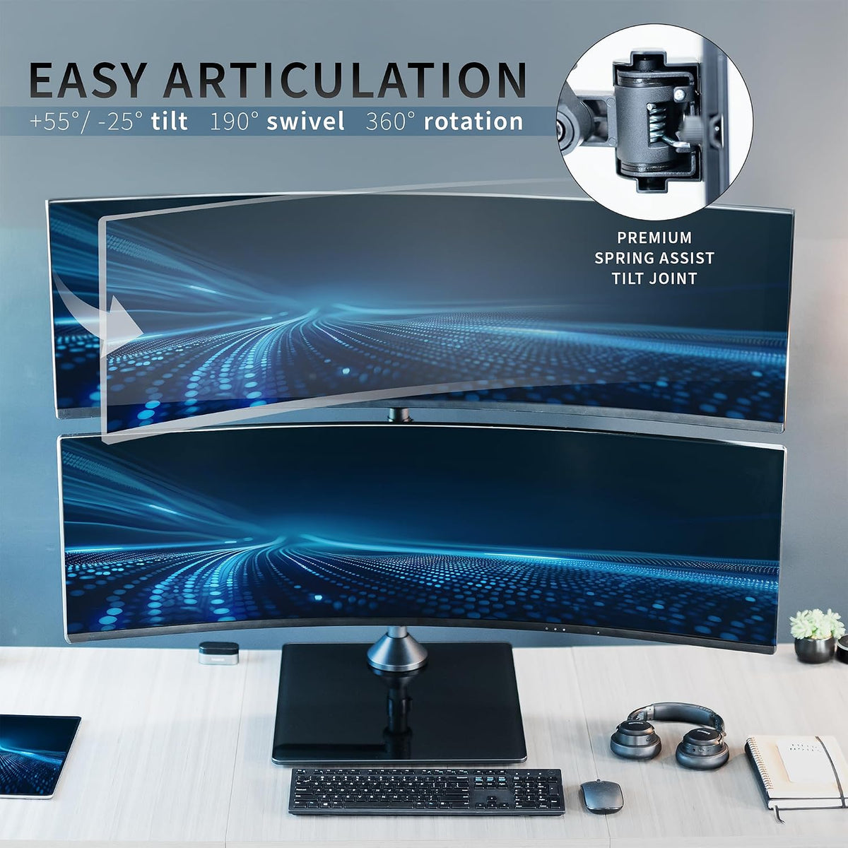 Pneumatic Arm Dual Ultrawide Monitor Extra Tall Desk Mount for Up to 49 inch Screens, Heavy Duty Clamp, Holds 2 Ultra Wides Up to 44 lbs, Black, STAND-V120K