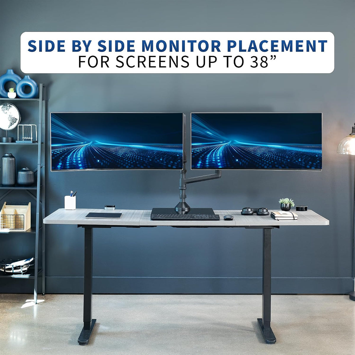 Pneumatic Arm Dual Ultrawide Monitor Extra Tall Desk Mount for Up to 49 inch Screens, Heavy Duty Clamp, Holds 2 Ultra Wides Up to 44 lbs, Black, STAND-V120K