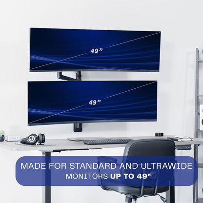 Pneumatic Arm Dual Ultrawide Monitor Extra Tall Desk Mount for Up to 49 inch Screens, Heavy Duty Clamp, Holds 2 Ultra Wides Up to 44 lbs, Black, STAND-V120K