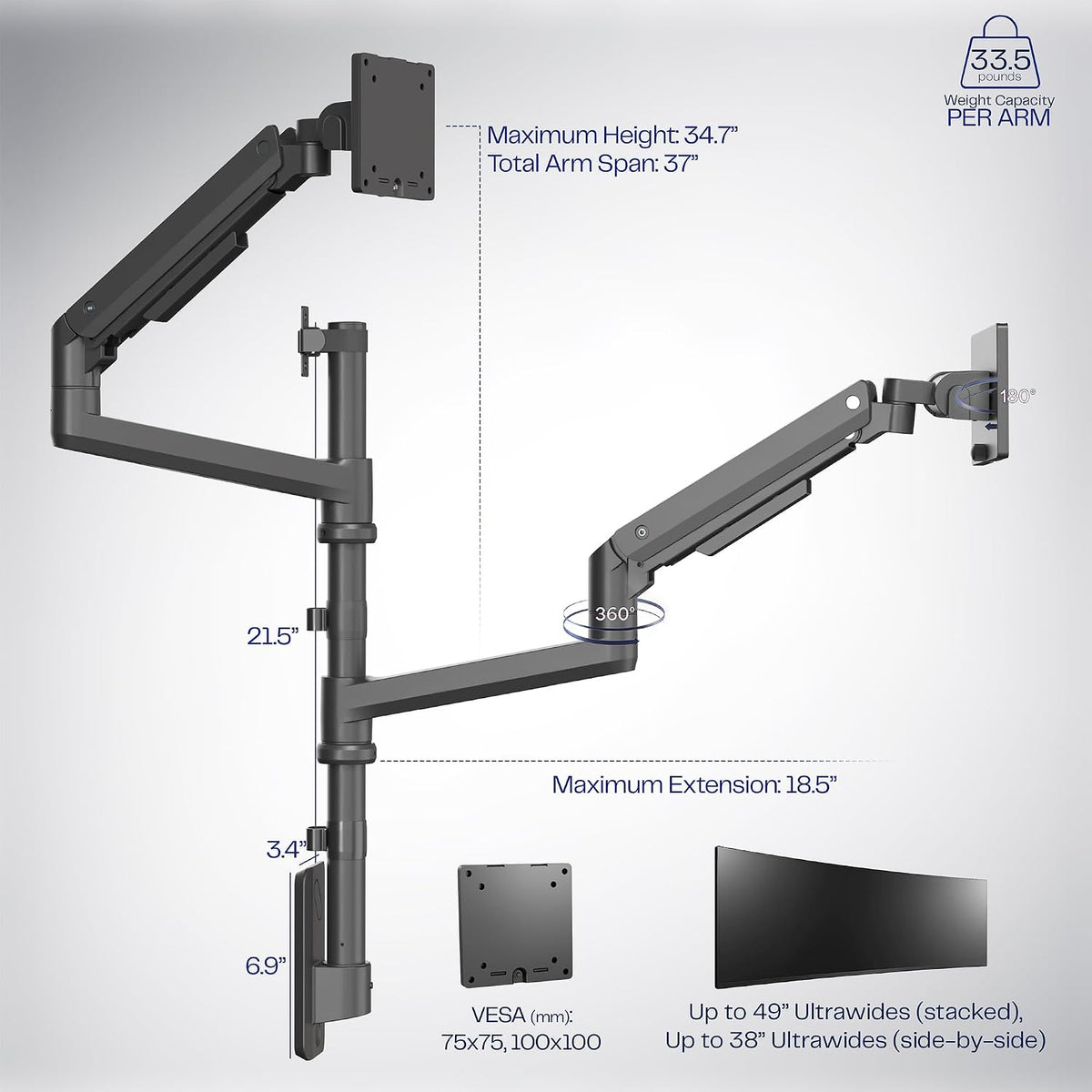 Pneumatic Arm Dual Ultrawide Monitor Extra Tall Desk Mount for Up to 49 inch Screens, Heavy Duty Clamp, Holds 2 Ultra Wides Up to 44 lbs, Black, STAND-V120K