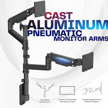 Pneumatic Arm Dual Ultrawide Monitor Extra Tall Desk Mount for Up to 49 inch Screens, Heavy Duty Clamp, Holds 2 Ultra Wides Up to 44 lbs, Black, STAND-V120K