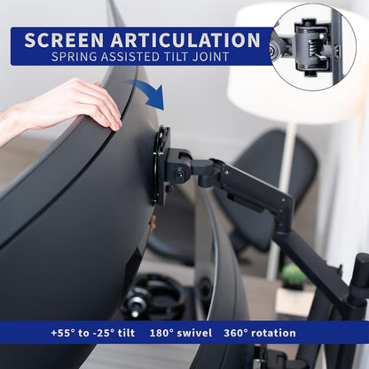 Pneumatic Arm Dual Ultrawide Monitor Extra Tall Desk Mount for Up to 49 inch Screens, Heavy Duty Clamp, Holds 2 Ultra Wides Up to 44 lbs, Black, STAND-V120K