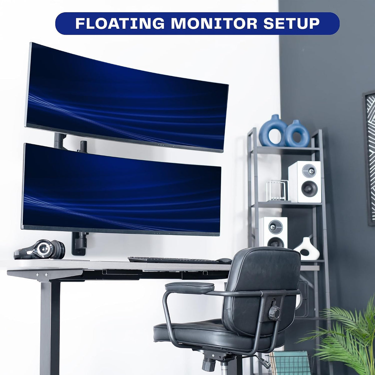 Pneumatic Arm Dual Ultrawide Monitor Extra Tall Desk Mount for Up to 49 inch Screens, Heavy Duty Clamp, Holds 2 Ultra Wides Up to 44 lbs, Black, STAND-V120K
