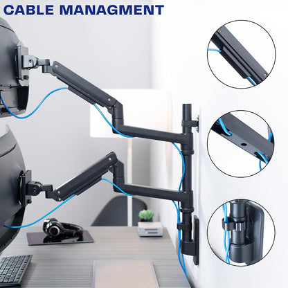 Pneumatic Arm Dual Ultrawide Monitor Extra Tall Desk Mount for Up to 49 inch Screens, Heavy Duty Clamp, Holds 2 Ultra Wides Up to 44 lbs, Black, STAND-V120K