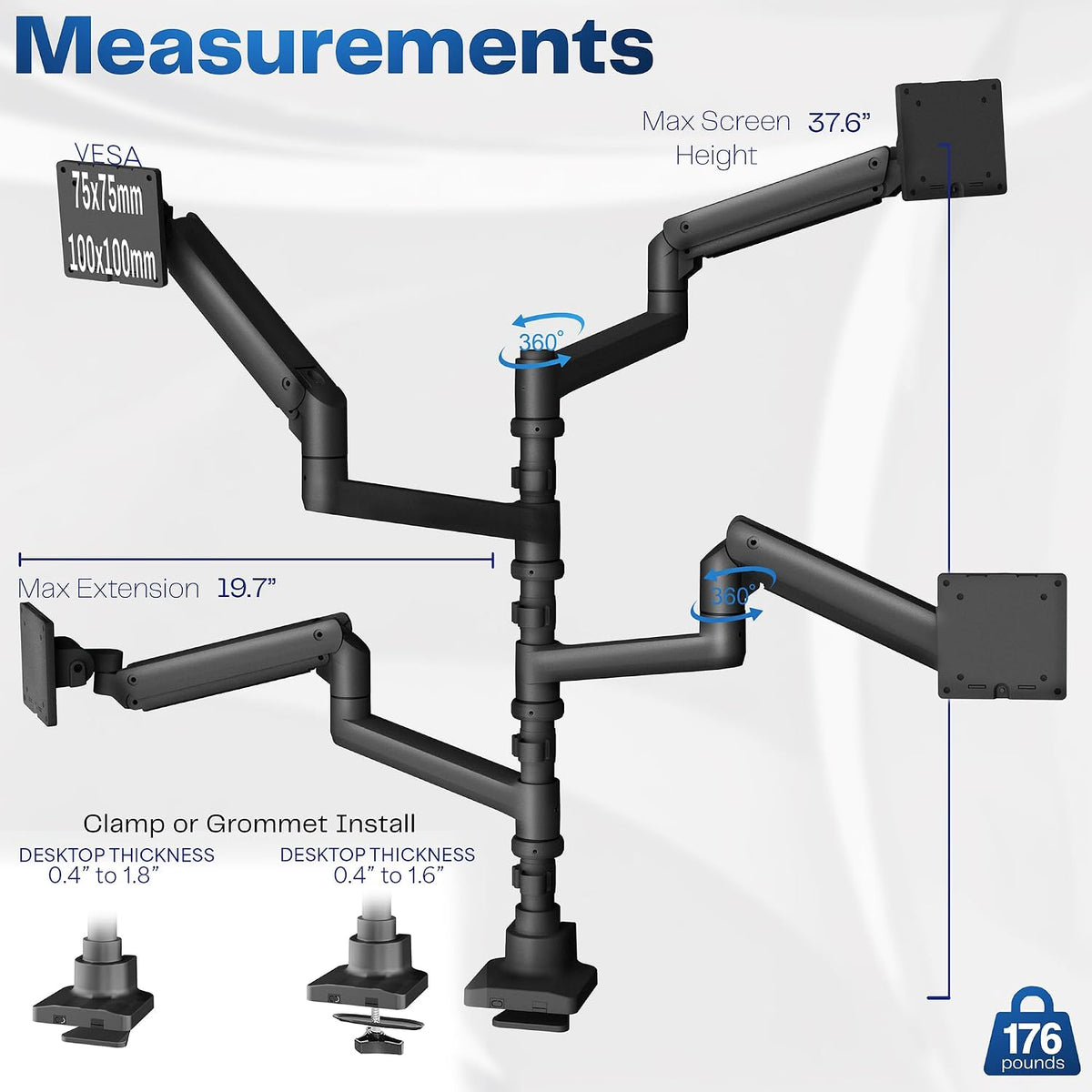 Pneumatic Arm Dual Ultrawide Monitor Extra Tall Desk Mount for Up to 49 inch Screens, Heavy Duty Clamp, Holds 2 Ultra Wides Up to 44 lbs, Black, STAND-V120K