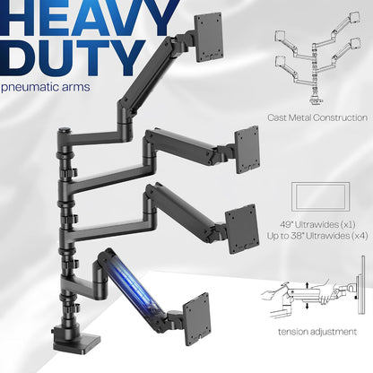 Pneumatic Arm Dual Ultrawide Monitor Extra Tall Desk Mount for Up to 49 inch Screens, Heavy Duty Clamp, Holds 2 Ultra Wides Up to 44 lbs, Black, STAND-V120K