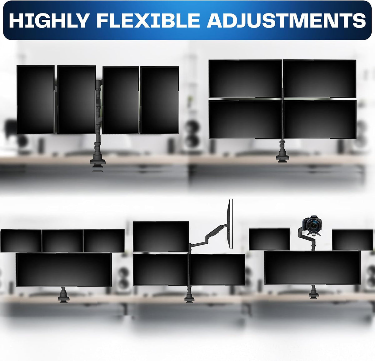 Pneumatic Arm Dual Ultrawide Monitor Extra Tall Desk Mount for Up to 49 inch Screens, Heavy Duty Clamp, Holds 2 Ultra Wides Up to 44 lbs, Black, STAND-V120K