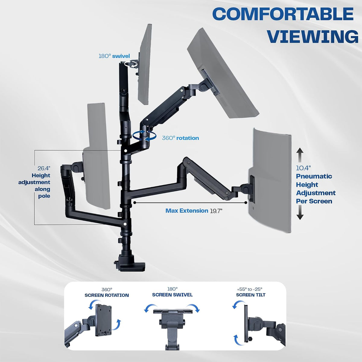 Pneumatic Arm Dual Ultrawide Monitor Extra Tall Desk Mount for Up to 49 inch Screens, Heavy Duty Clamp, Holds 2 Ultra Wides Up to 44 lbs, Black, STAND-V120K