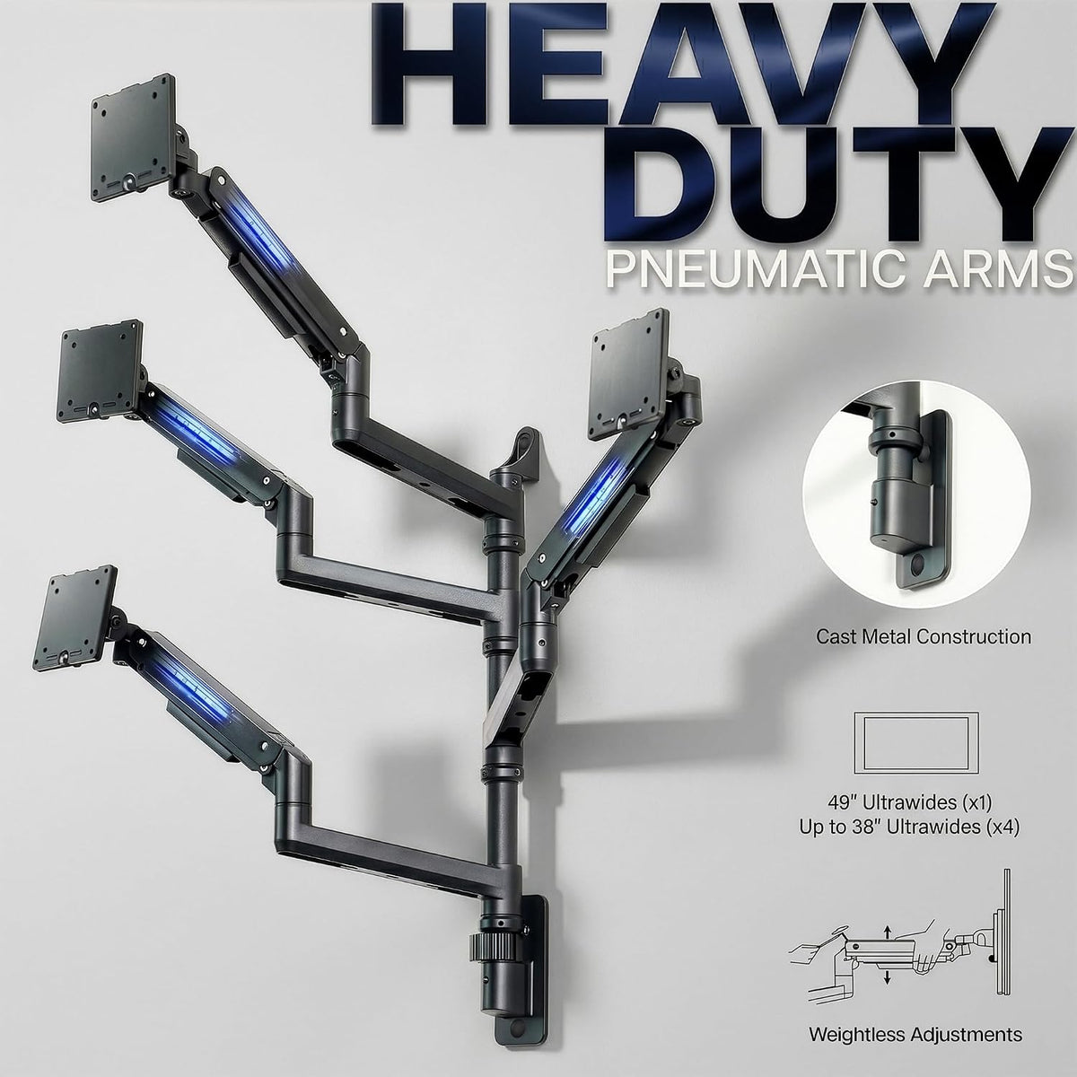 Pneumatic Arm Dual Ultrawide Monitor Extra Tall Desk Mount for Up to 49 inch Screens, Heavy Duty Clamp, Holds 2 Ultra Wides Up to 44 lbs, Black, STAND-V120K