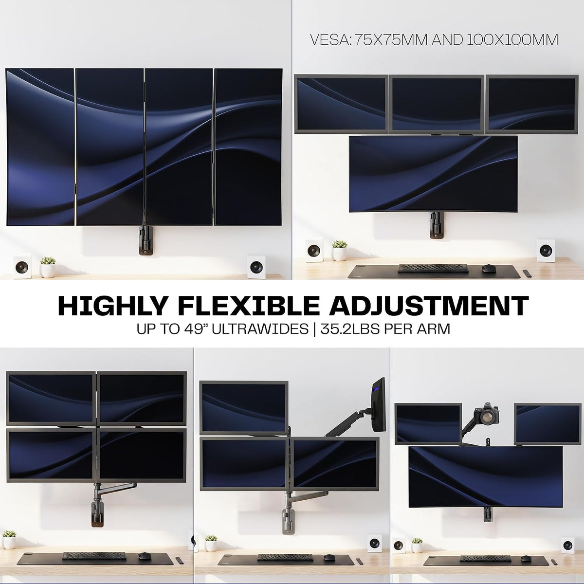 Pneumatic Arm Dual Ultrawide Monitor Extra Tall Desk Mount for Up to 49 inch Screens, Heavy Duty Clamp, Holds 2 Ultra Wides Up to 44 lbs, Black, STAND-V120K