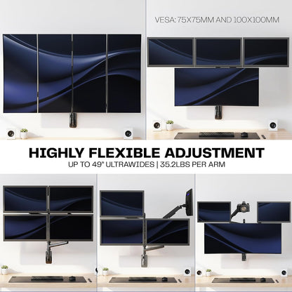 Pneumatic Arm Dual Ultrawide Monitor Extra Tall Desk Mount for Up to 49 inch Screens, Heavy Duty Clamp, Holds 2 Ultra Wides Up to 44 lbs, Black, STAND-V120K
