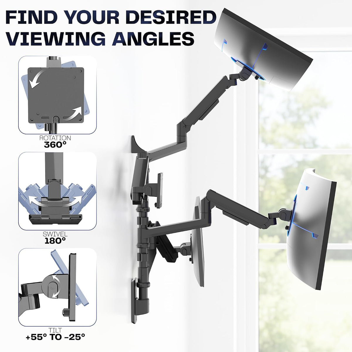 Pneumatic Arm Dual Ultrawide Monitor Extra Tall Desk Mount for Up to 49 inch Screens, Heavy Duty Clamp, Holds 2 Ultra Wides Up to 44 lbs, Black, STAND-V120K