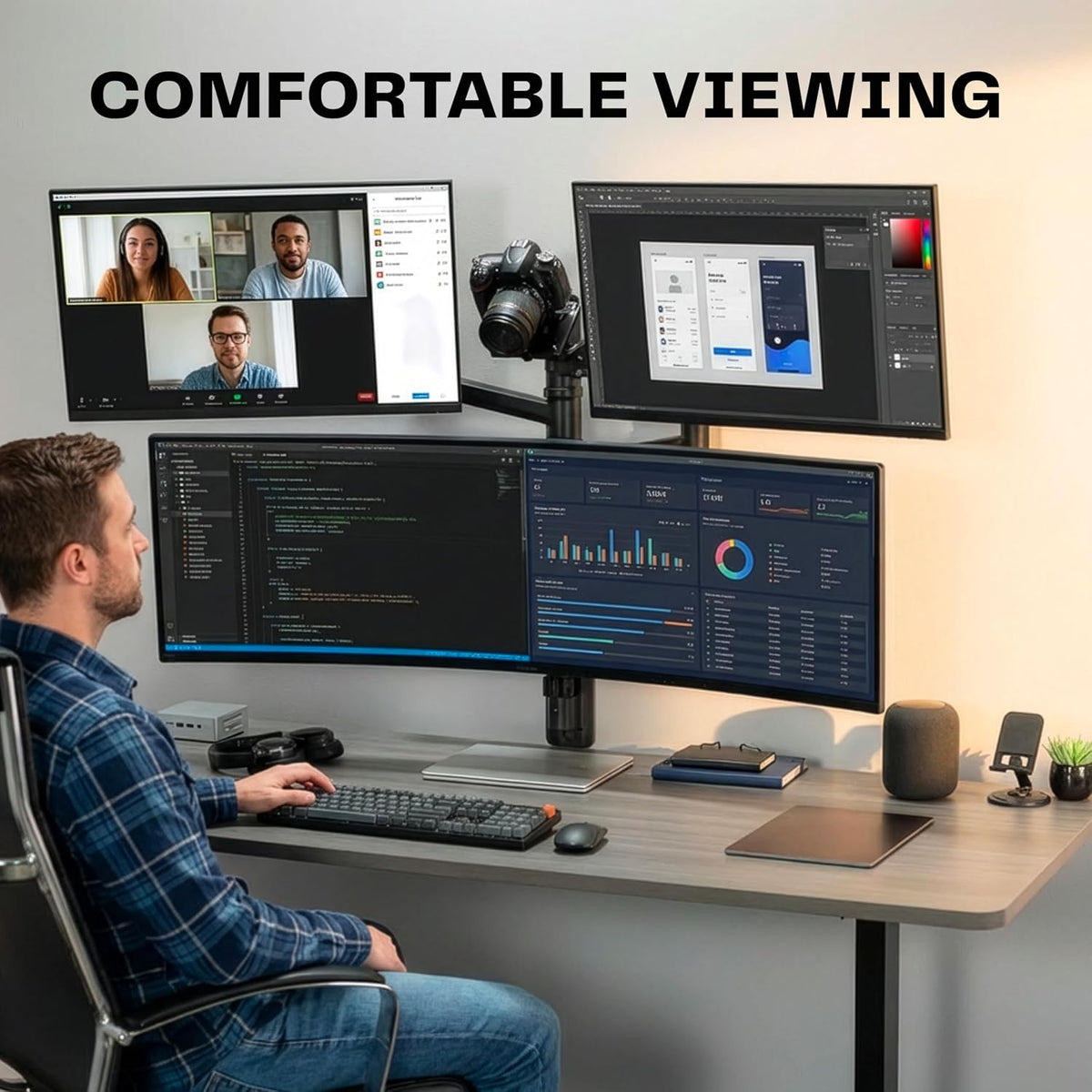 Pneumatic Arm Dual Ultrawide Monitor Extra Tall Desk Mount for Up to 49 inch Screens, Heavy Duty Clamp, Holds 2 Ultra Wides Up to 44 lbs, Black, STAND-V120K