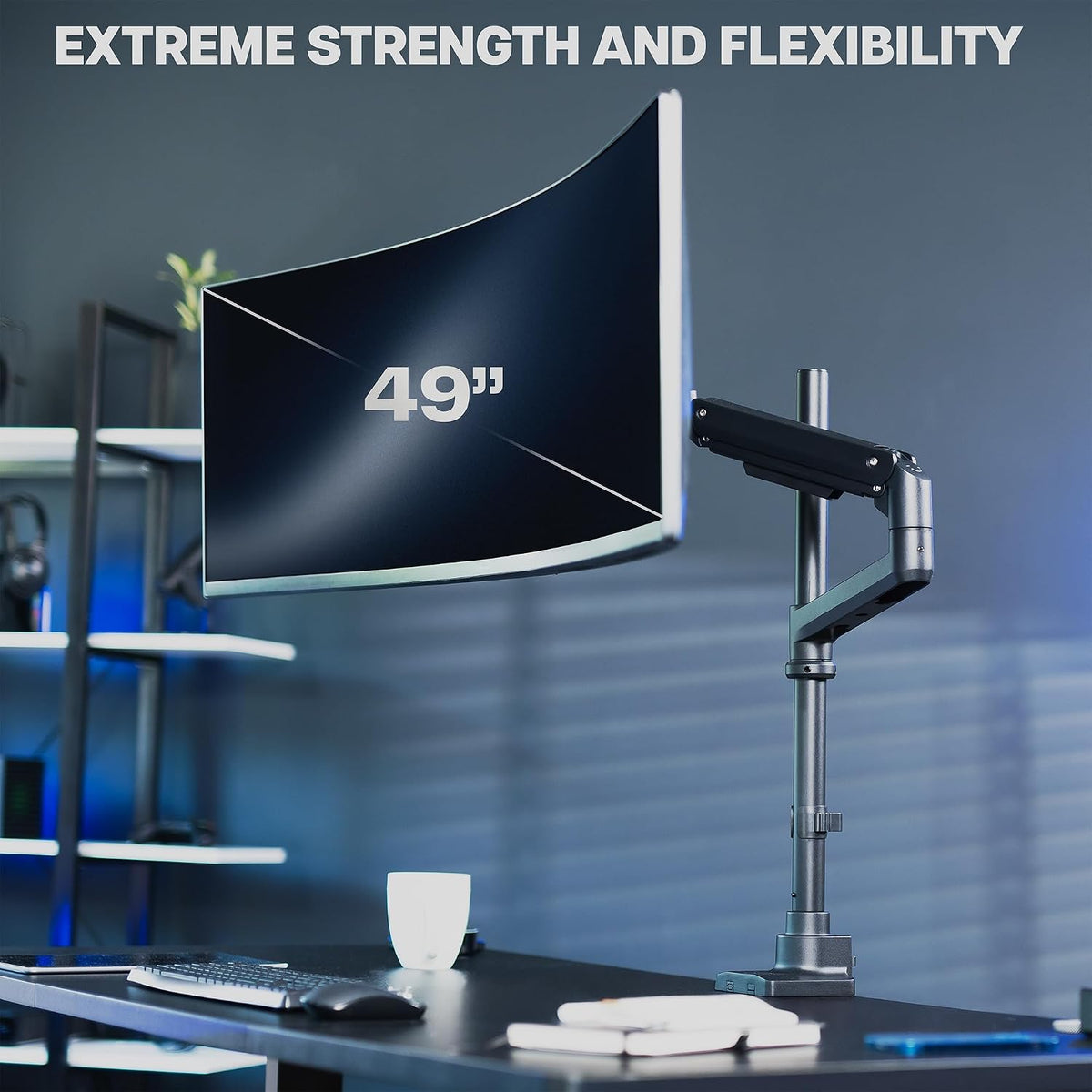 Pneumatic Arm Dual Ultrawide Monitor Extra Tall Desk Mount for Up to 49 inch Screens, Heavy Duty Clamp, Holds 2 Ultra Wides Up to 44 lbs, Black, STAND-V120K