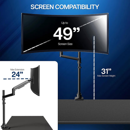 Pneumatic Arm Dual Ultrawide Monitor Extra Tall Desk Mount for Up to 49 inch Screens, Heavy Duty Clamp, Holds 2 Ultra Wides Up to 44 lbs, Black, STAND-V120K