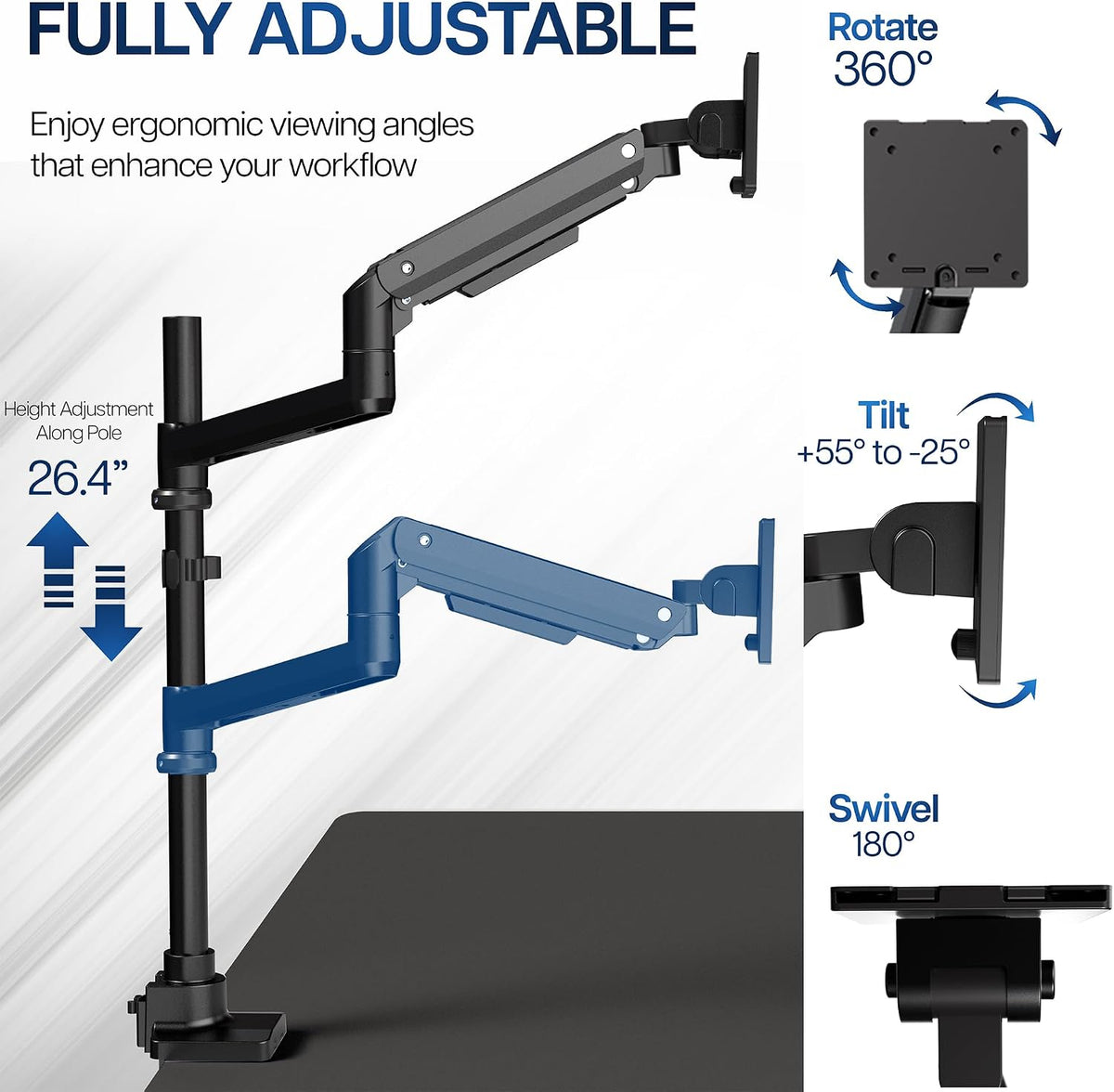 Pneumatic Arm Dual Ultrawide Monitor Extra Tall Desk Mount for Up to 49 inch Screens, Heavy Duty Clamp, Holds 2 Ultra Wides Up to 44 lbs, Black, STAND-V120K